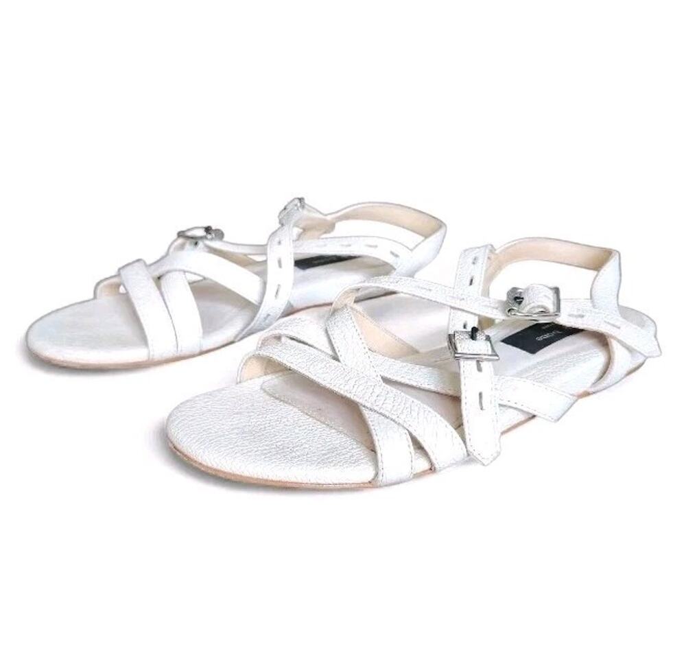 Rag & Bone Hadi Crackled Pebbled Leather Strappy Flat Sandals White Size 38